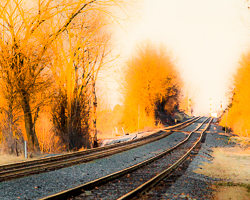 Rails disappear in the golden glow of late autumn, beckoning us to travel with them to new adventures, to wonders just over the hill, to rainbows as bright as the ochres of fall sunsets. We see clearly the twists and turns, the ripples of uncertainty, the hidden setbacks, and yet the future lures dreamers to journey into the light of our personal unknown.