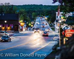 Dusk settles on downtown Sister Bay, Wisconsin.