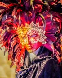 A fierce and angry mask shows off its stylized feathers.