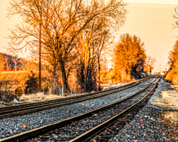 Rails disappear in the golden glow of late autumn, beckoning us to travel with them to new adventures, to wonders just over the hill, to rainbows as bright as the ochres of fall sunsets.